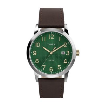 TIMEX 天美時 Main Street 38毫米 簡約 日期窗 皮革錶帶腕錶(綠x棕 TXTW2Y67600)