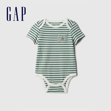 Gap 嬰兒裝 純棉小熊刺繡圓領短袖包屁衣-綠色條紋(408354)