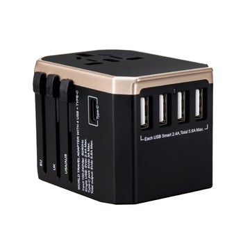 Wontravel 旅行萬國轉接頭 萬國插座 5.6A 快充 4USB孔 TYPE-C 全球通用 QC3.0【黑+奶茶棕】
