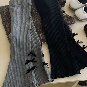 百搭耐看～女童喇叭褲兒童底褲秋裝新款韓版寶寶蝴蝶結彈性洋氣坑條褲子 女童微喇褲 小童褲子 女童長褲 女童褲子 春秋褲子