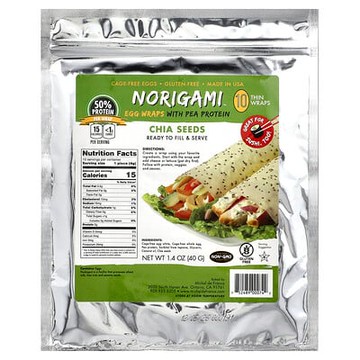 Norigami, 豌豆蛋白質雞蛋捲餅皮，奇亞籽，10 張薄捲餅皮，1.4 盎司（40 克）