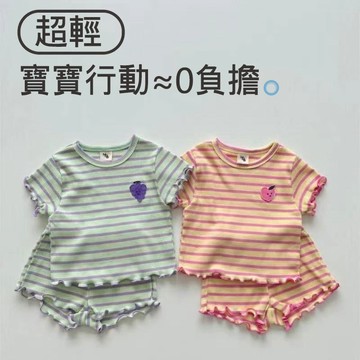 🎀biubiu童裝🎀現貨🌈女童套裝 男童套裝 短袖T恤 韓版 木耳邊 條紋 夏季 冰絲 短袖短褲 兩件套套裝