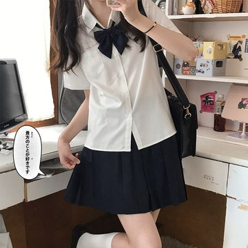 台灣出貨 原創基礎款jk襯衫女純色顯瘦短裙修身百褶半身裙學院風寬鬆套裝 半身裙套裝 韓系學院風套裝 短袖短裙 短裙套裝