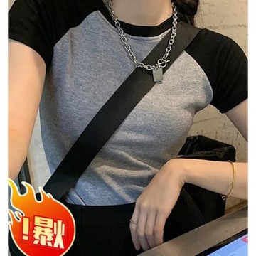 正肩短袖T恤女夏季新款修身顯瘦純欲辣妹插肩袖圓領短款上衣服潮