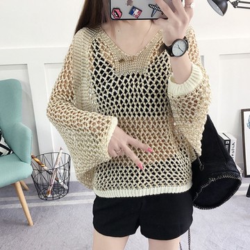 La BellezaV領混金蔥針織鏤空洞洞蝙蝠袖針織上衣