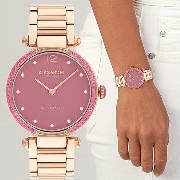 COACH CARY 晶鑽時尚機械錶 女錶-粉紅x玫瑰金/34mm CO14504581
