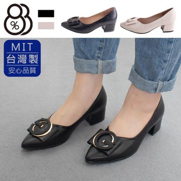 【88%】MIT台灣製 4.5cm跟鞋 氣質百搭G字飾釦 皮革尖頭粗跟包鞋 OL上班族