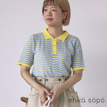 ehka sopo 跳色波浪織紋半排釦短袖Polo衫(0F000728510)