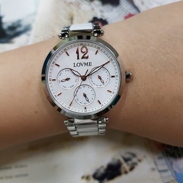 LOVME 032系列三眼半陶瓷錶帶時尚手錶-白/34mm