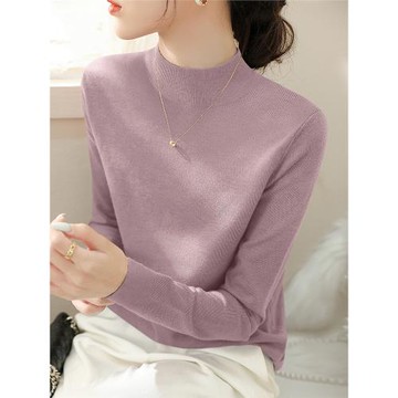 淺紫色長袖針織衫女冬季新款修身氣質半高領毛衣純色內搭打底上衣