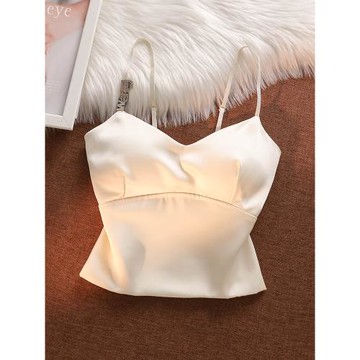 醋酸緞面吊帶背心女秋季西裝內搭帶胸墊字母設計短款抹胸上衣外穿