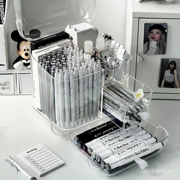 優選好物 筆筒收納盒高顔值文具置物架桌麵學習用品整理箱帶蓋亞克力分格大 CGAI