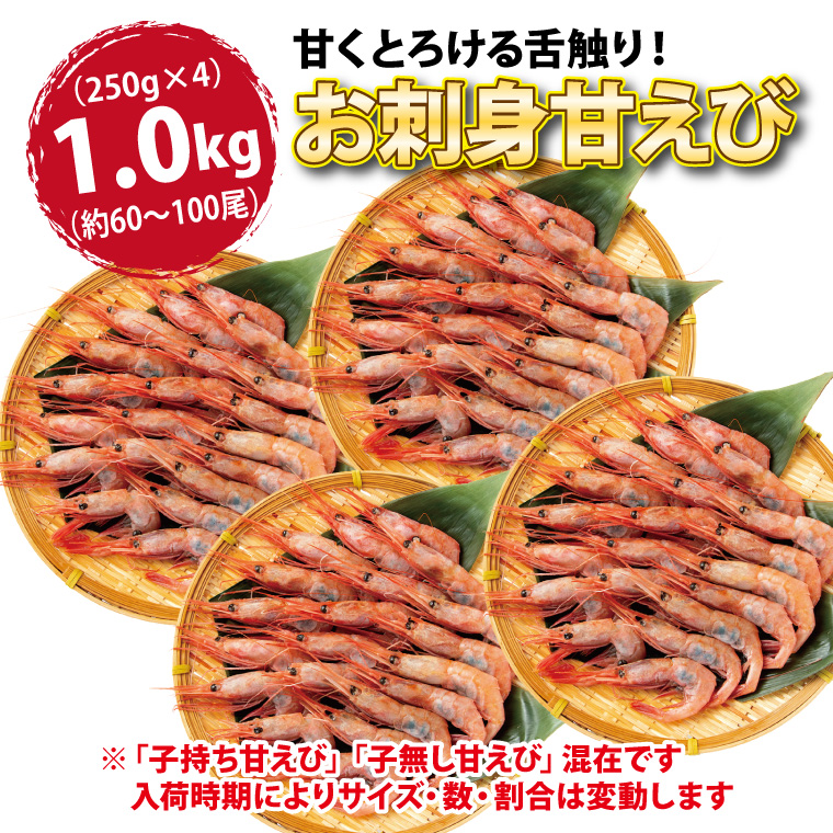 甘エビ 刺身 1kg（250g×4) 60-100尾 甘えび 甘海老 あまえび 冷凍 子持ち 子無し サイズ不揃い 福井産 えび 海老 ((冷凍))