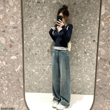 春秋休閒修身顯瘦假兩件連帽長袖T恤女氣質小衆設計感上衣女鈕釦