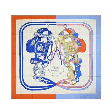 Hermes 愛馬仕 Brides de Gala Applique Pique 140 奢華馬籠頭喀什米爾與真絲混紡方巾(橘/自然/蔚藍)_廠商直送