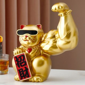 【匠俱】麒麟臂招財貓創意擺件 29x18x32cm 雙牌禮盒款 健身房開業禮物 客廳店面招財裝飾
