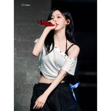 aespa winter同款pleasenofollow露肩短袖T恤女夏一字肩斜領上衣