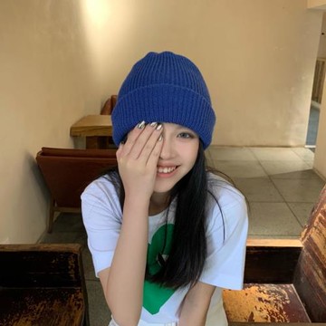 顯白寶藍色~針織帽女韓版ins百搭日系瓜皮冷帽子女秋冬保暖毛線帽