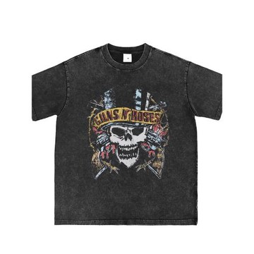 GUNSnROSES直噴水洗做舊灰復古灰美式街頭槍花搖滾樂隊長短袖T恤