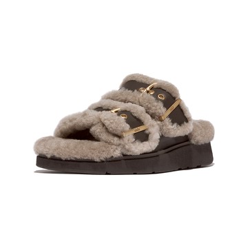 GEN-FF 扣環雙帶翻羊毛皮革涼鞋- 巧克力棕