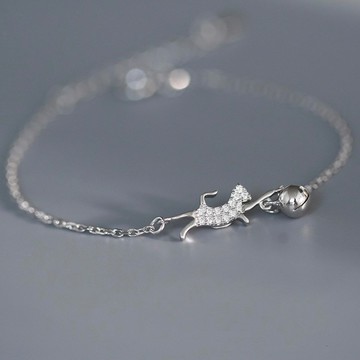 貓咪玩球手鍊 D2301 精緻水鑽點綴銀色貓咪手鍊 手環