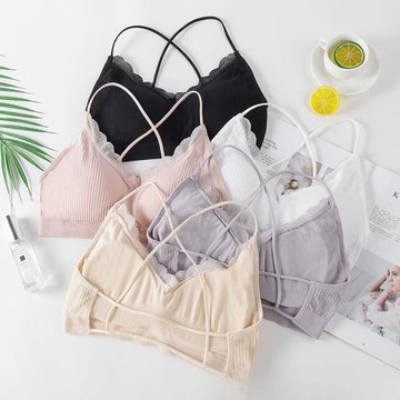 無縫螺紋交叉吊帶美背抹胸裹胸蕾絲邊防走光打底無鋼圈運動文胸女