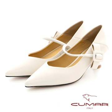 【CUMAR】尖頭兩穿式瑪莉珍中跟鞋-米白