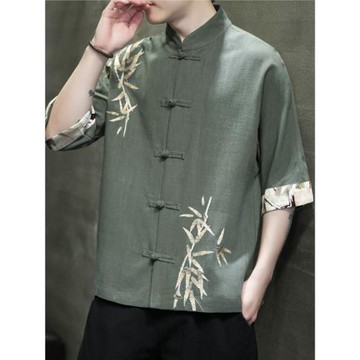 亞麻襯衫短袖男款夏季中式改良漢服唐裝半袖中國風刺繡棉麻七分袖