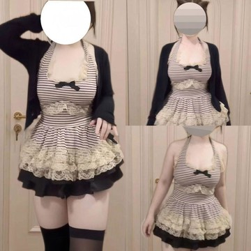 【吉野姐姐】大碼女裝 純欲風顯瘦蕾絲條紋掛脖綁帶上衣+開衫+半身裙三件套 棉花糖女孩 大尺碼 吊帶背心 蛋糕裙 微胖穿搭