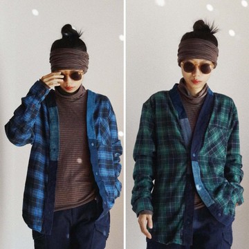 磨毛棉格子襯衣改造Remake 古布拼布領口 野良著襯衫外套