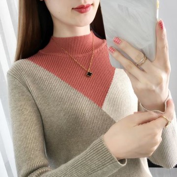 清倉！拼色半高領套頭針織衫女2026年新款短款修身打底衫撞色毛衣