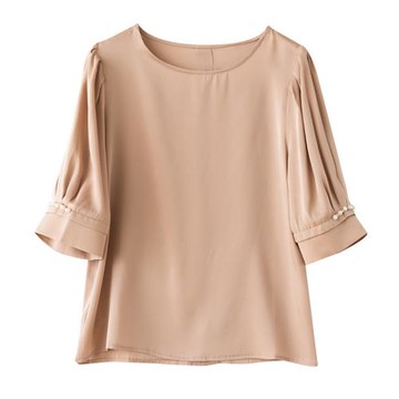 法國圓領七分袖寬松桑蠶絲上衣