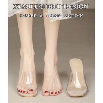 網紅超火拖鞋女夏外穿方頭粗跟仙女風水晶法式小眾涼拖透明高跟鞋