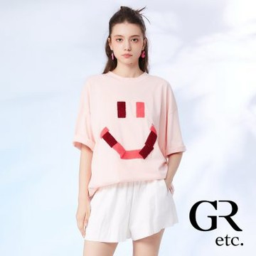 【GLORY21】網路獨賣款-etc.俏麗笑臉刺繡寬版純棉上衣-粉紅色