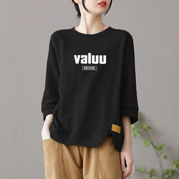 純棉長袖t恤女2025新款春秋寬松大碼體恤五分袖印花開叉打底上衣