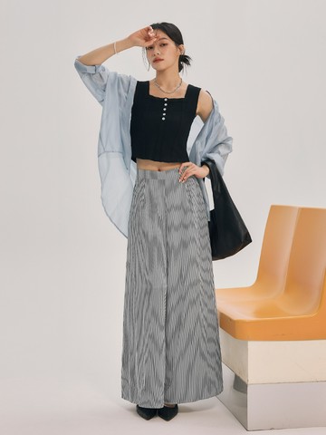 簡約細條紋後鬆緊落地寬褲