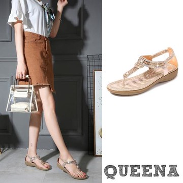 【QUEENA】美鑽單結T字坡跟涼鞋/華麗美鑽單結T字造型坡跟涼鞋 女鞋 金