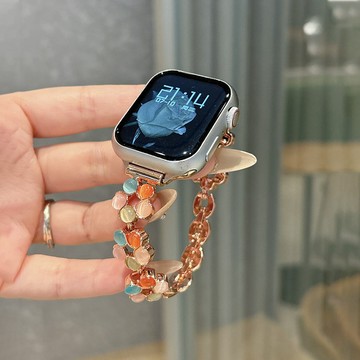 多色花朵適用iwatch9錶帶蘋果s10手錶帶手鍊式夏季SE代iPhonewatch65手鍊s9錶鏈s8金屬41mm夏天