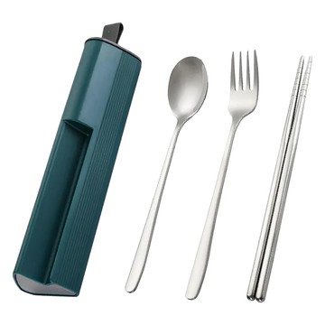 Mass 生活好物 304不鏽鋼環保餐具三件組 (筷子+湯匙+叉子) 便攜露營餐具組 墨綠色  1組