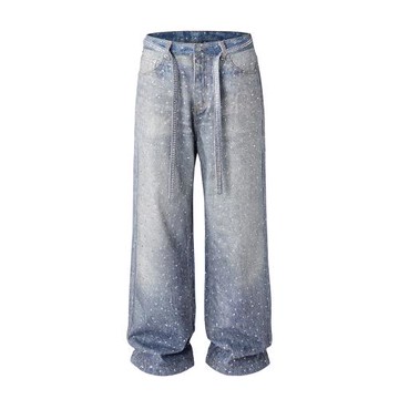 歐美高街水洗寬松闊腿滿鉆印花堆積牛仔褲 jeans 附送滿鉆腰帶