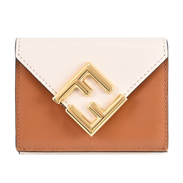 FENDI 8M0395 品牌FF LOGO撞色款三折零錢短夾.咖/米白
