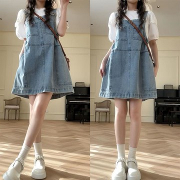 ⭐商城熱賣⭐夏季女裝小個子揹帶裙 減齡時尚韓版牛仔裙子 寬鬆休閒洋裝 腰側鬆緊可調整牛仔揹帶裙女夏