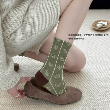 柳惠珠襪子 浮雕肌理襪子女中筒襪春秋季藝文復古撞色綠色棉襪韓版日系中筒襪