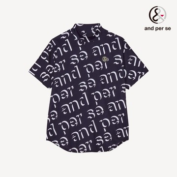 【and per se】女款深藍色全圖案印刷立領短袖舒適透氣立領衫 DLV29525