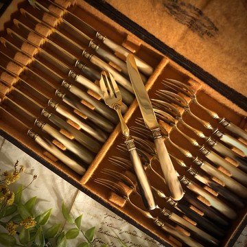 法國罕見天然洞角手柄黃銅刀叉24件組/有原裝盒