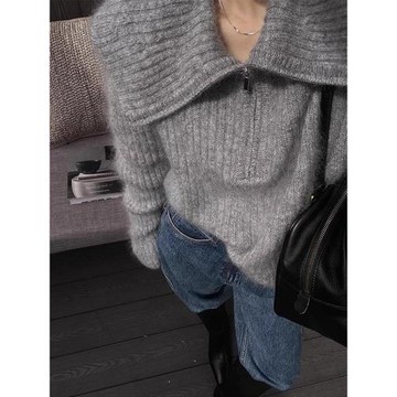 軟糯慵懶風灰色大翻領馬海毛毛衣女秋冬歐貨高級感半拉鏈針織衫厚