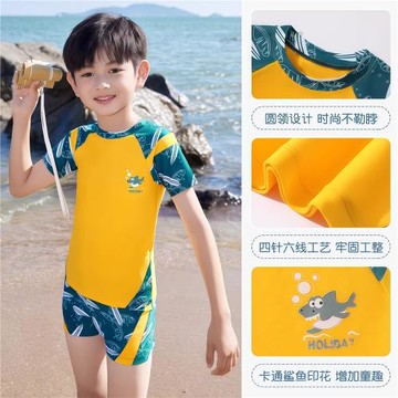 全棉進口兒童泳衣男童青少年中大童分體防曬海邊游泳套裝短袖衣服