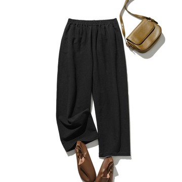 自然風棉麻寬褲 口袋設計 休閒長褲、透氣舒適、黑色 250202-3
