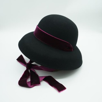 法式復古赫本絲絨系帶黑色羊毛呢鐘型漁夫盆帽女秋冬英倫優雅禮帽