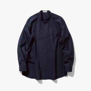 日本ATON印度手摘棉光澤感高質感細密針寬鬆立領長袖襯衫海軍藍